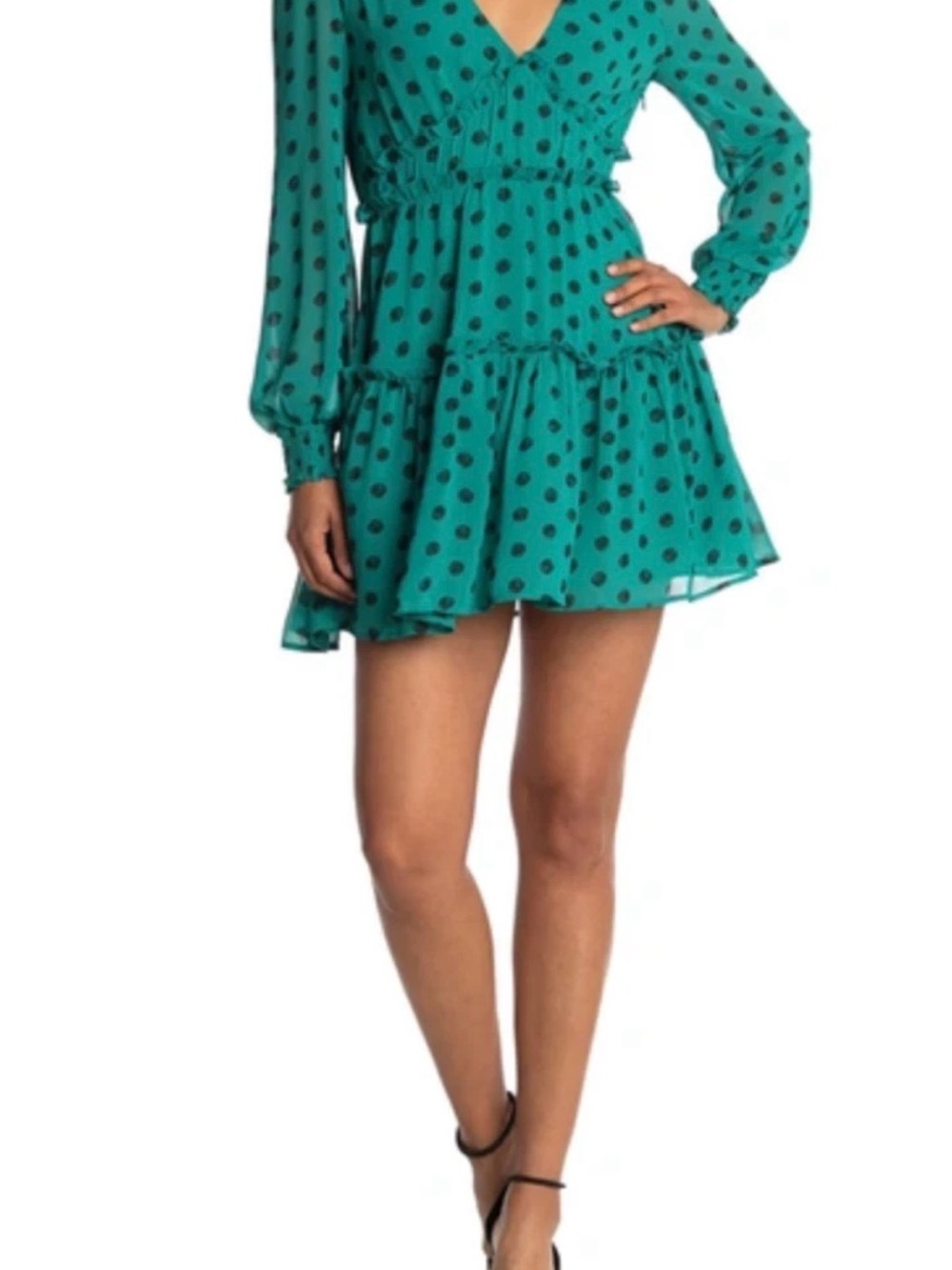 Teal Polka Dot Long Sleeve Tiered Mini Dress